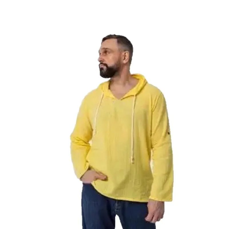 Men Solid Linen Cotton Hooded Shirt Thin Three Quarter Sleeve Outdoor Casual Blouse
