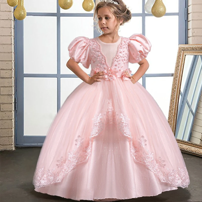 Elegant Girl\'s Birthday Party Dress for 4-12 Years Old Halloween Princess Dress New Bubble Sleeves Girl\'s Fluffy Dress