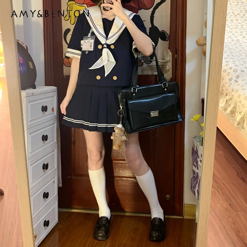 

2024 New Japanese Style JK Uniform Sailor Collar Summer and Autumn Dark Blue Long Short Sleeves Top Pleated Skirt Suit For Girls