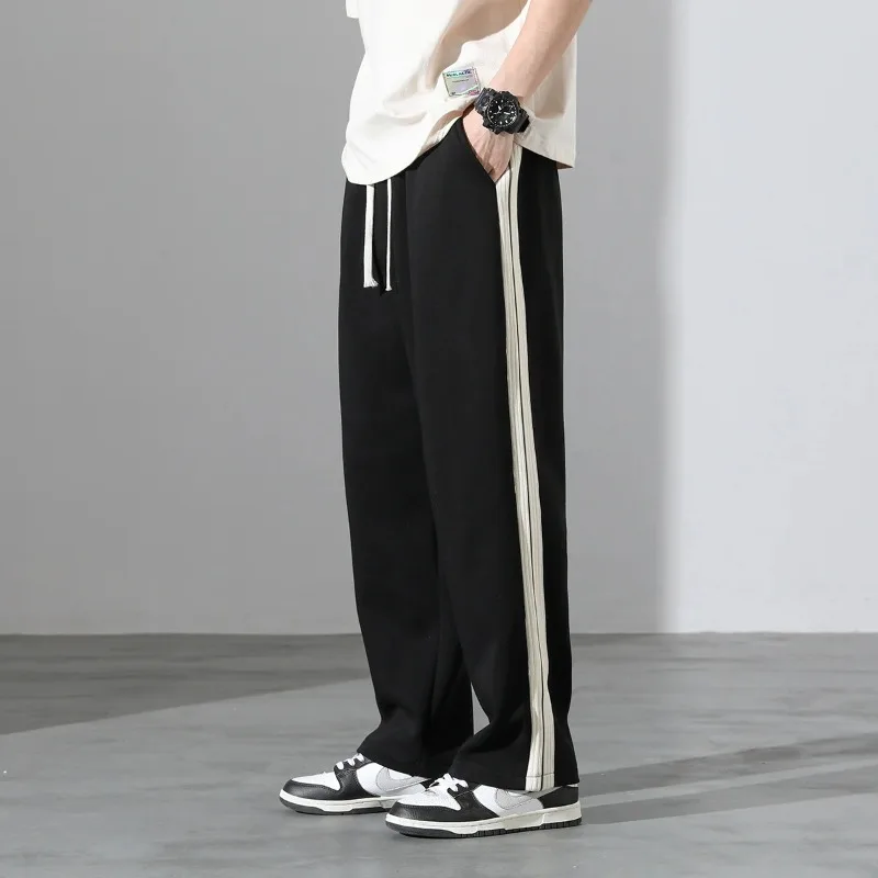 Spring Autumn Men's Striped Elastic High Waisted Pocket Solid Casual Loose Sports Wide Leg Workwear Trousers Office Lady Pants