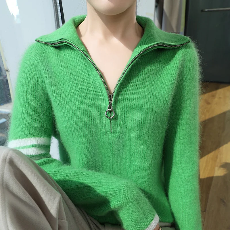Свитер с воротником-поло, 100% норковый кашемир, осенне-зимний пуловер, женский базовый элегантный теплый костюм на молнии с длинными рукавами, топы