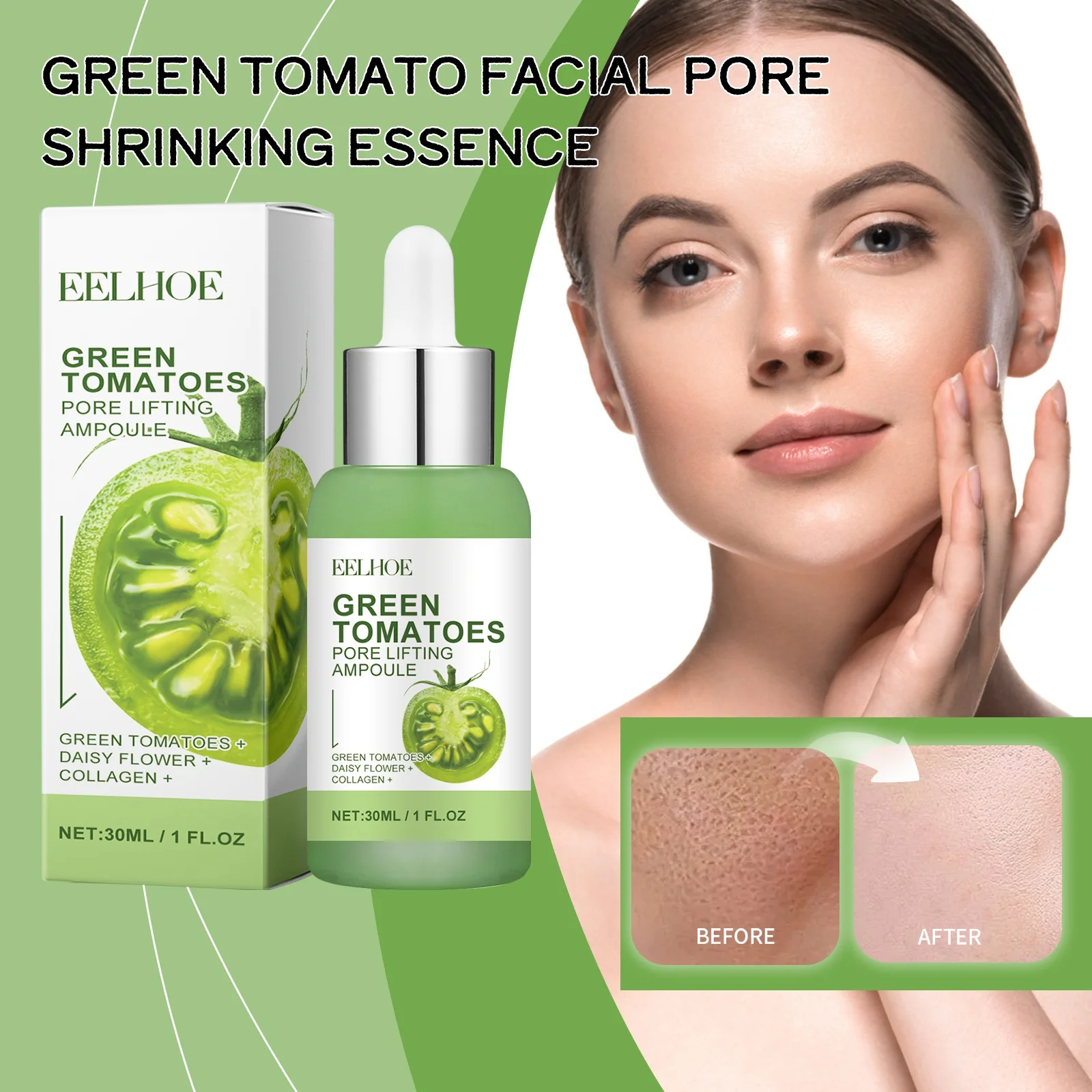 Green Tomato Facial Pore Treatment Essence with Collagen Hydrating Oil-Control Essence Clearing Blemishes Refining Skin Essence