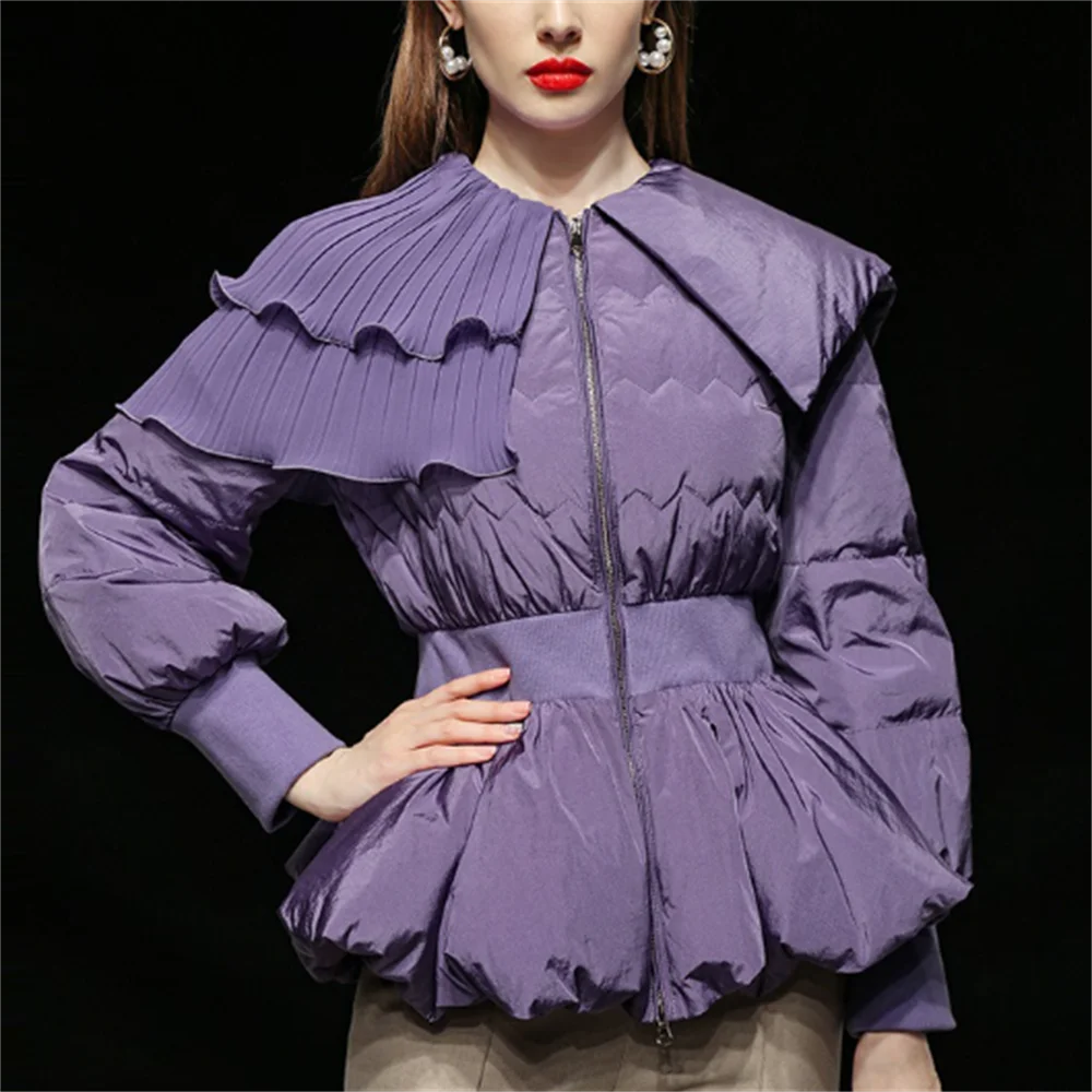 Chaqueta de plumón púrpura elegante para mujer, abrigo con cremallera y borde de hoja de loto, moda de invierno, nuevo