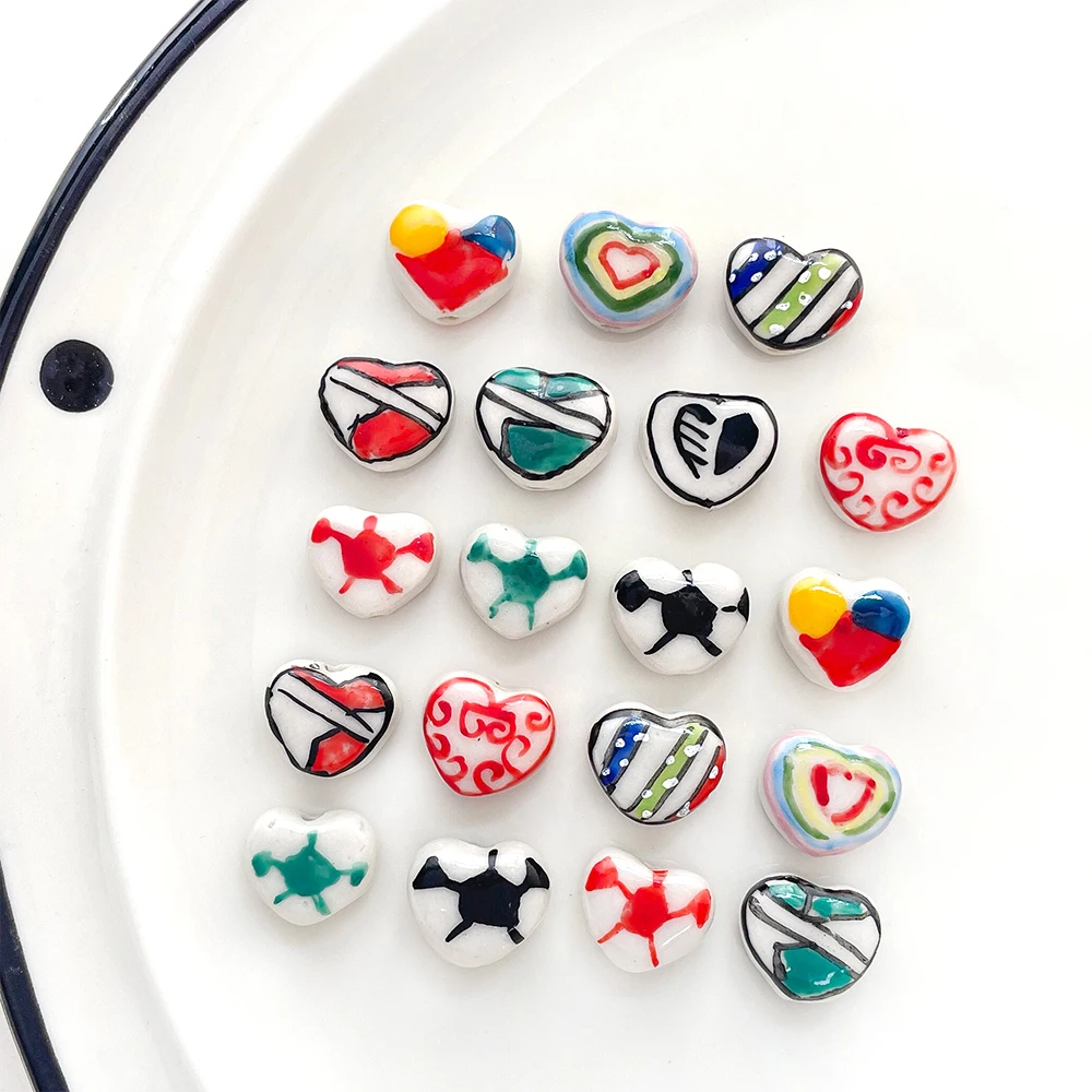 4 PCS Ceramic Hand-painted Straight Hole Heart-shaped Beads DIY Jewelry Making Necklace, Bracelet, Clothing Accessory Materials