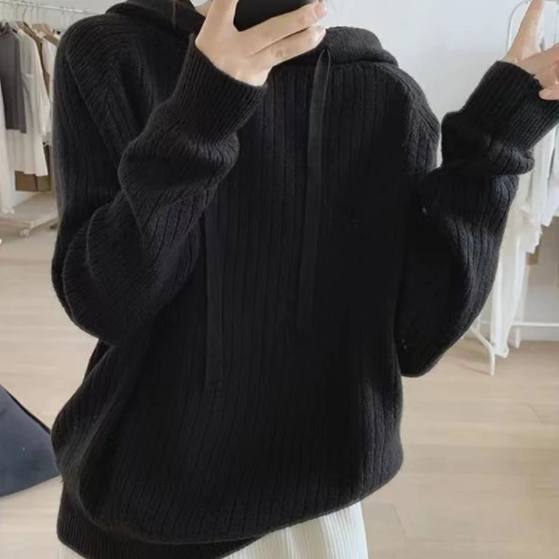 Women's Clothing Autumn Winter Solid Color Sweater Knitted Pullover Lantern Long Sleeve Hooded Casual Elegant Minimalist Tops