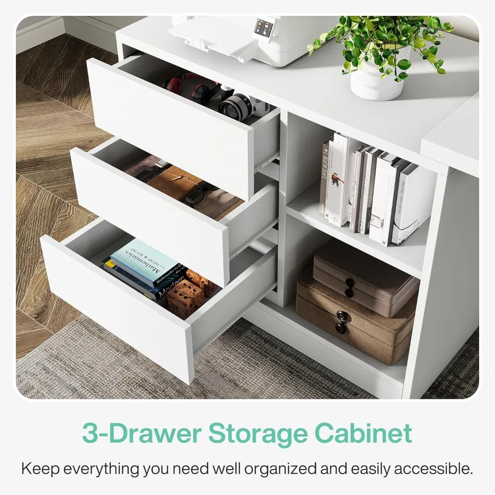 مكتب على شكل حرف L أبيض قابل للعكس مع مساحة تخزين، أثاث مكتبي زاوية حديث مع أدراج ورفوف