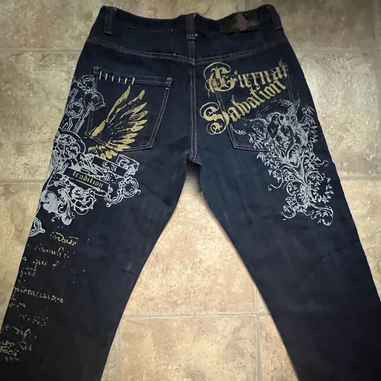 

2000s washing old vintage printed jeans men gothic trend loose pants super large washing hip hop fashion wide pants