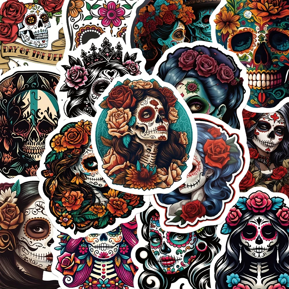 50pcs Mexican Day Of The Dead Head bone Sticker Terrify Flower Skull Decal DIY Notebook Phone Bicycle Surfboard Sticker For Teen