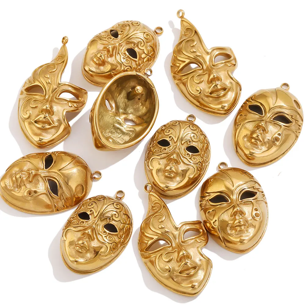2 Stück Edelstahl-Maskenanhänger, vergoldet, Emaille, venezianische Maske, Gesichtsanhänger für DIY-Schmuckherstellung, Damen-Ohrringmaterial – Detail 4