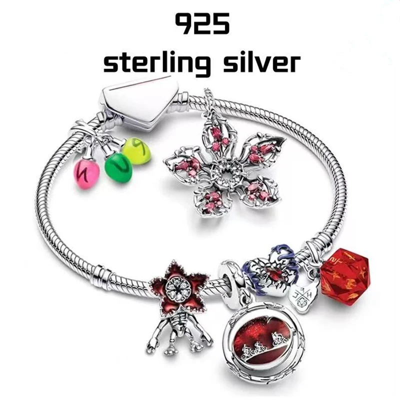 Colgante de personaje de monstruo de plata 925, cuentas de corazón rojo que brillan en la oscuridad, compatible con Pulsera Original, joyería fina DIY, regalo para mujer