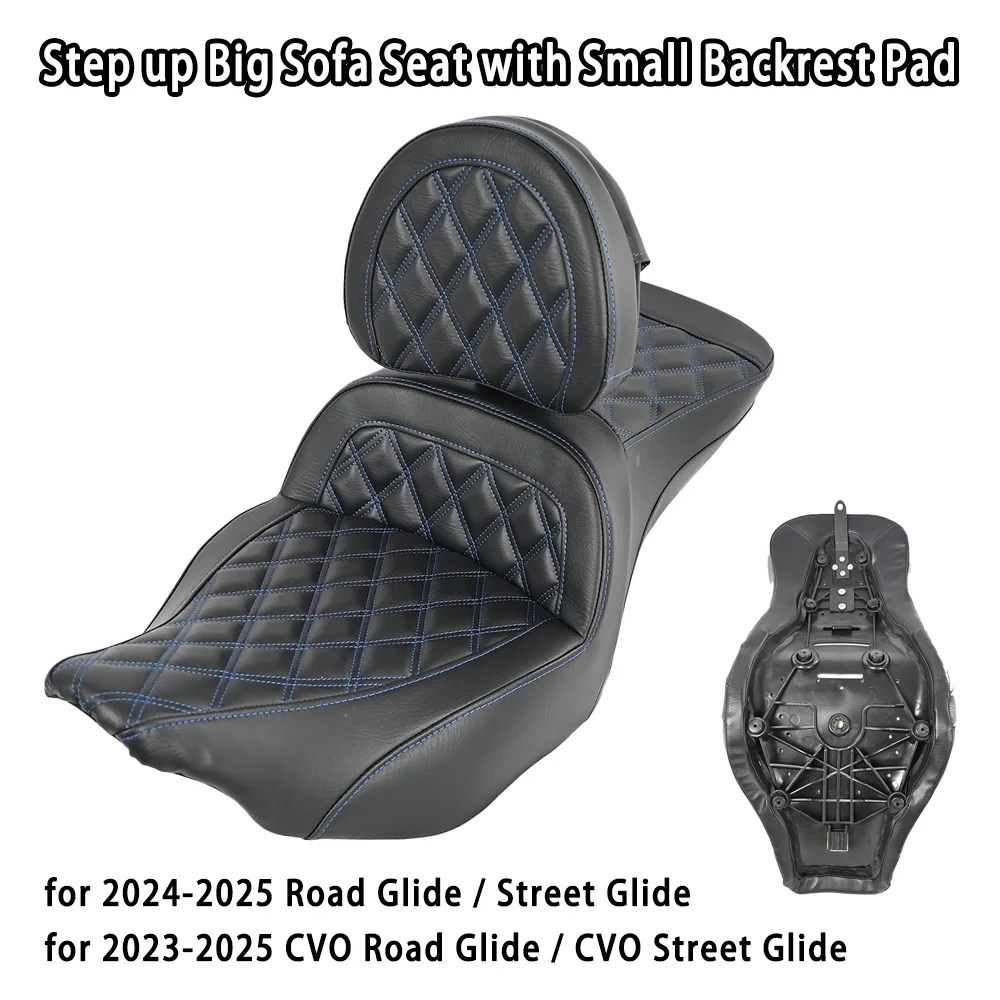 Motorcycle Parts Blue Step up Big Sofa Seat Two-step&Small Backrest Pad for 24-25 Road Street Glide 23-25 CVO Road Street Glide