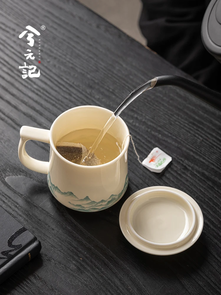 White Jade Porcelain Tea Cup Ceramic Household Office Water Glass Personal Good-looking with Lid