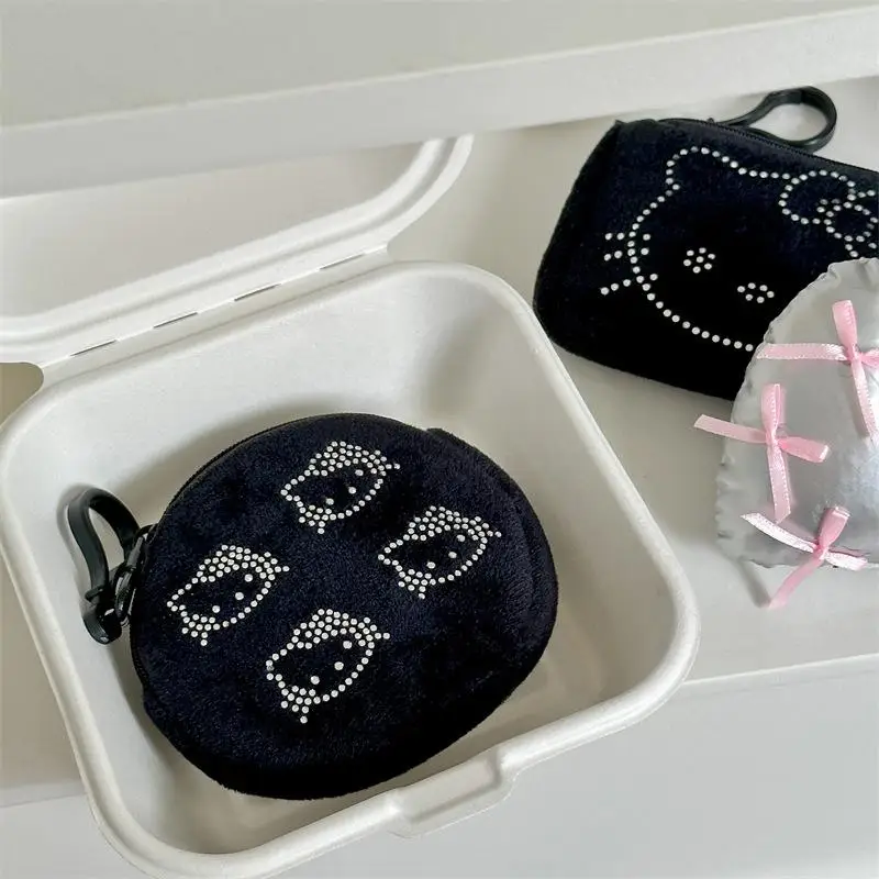 Hello Kitty Zero Wallet Kawaii Hello Kitty Rhinestone Wallet Black Premium Plush Coin Purse Multifunctional Mini Storage Bag