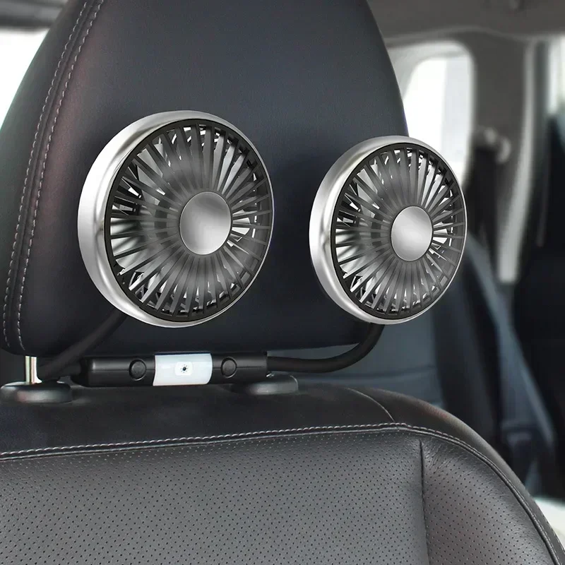 Summer Car Cooling Fan Dual Head Car Clip Fan with Led Light 360 Degree Rotation Neck Cooler Fan Car Accessories