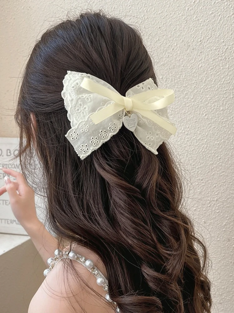 Korean Fresh and Sweet Lolita Girls Lace Hair Clip Stylish Trendy Bows Heart Duckbill Clip Headdress Fashion Hairpin Accessories