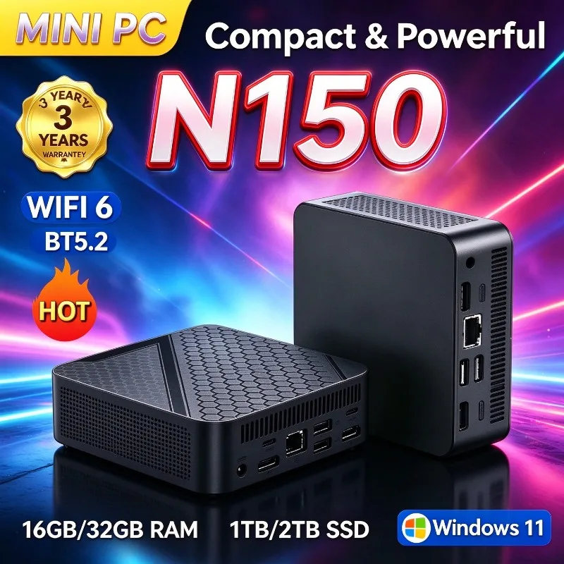 N150 Compact Mini PC Honeycomb Heat Dissipation Multiple Interfaces Space Saving Portable Desktop Computer for Office Home