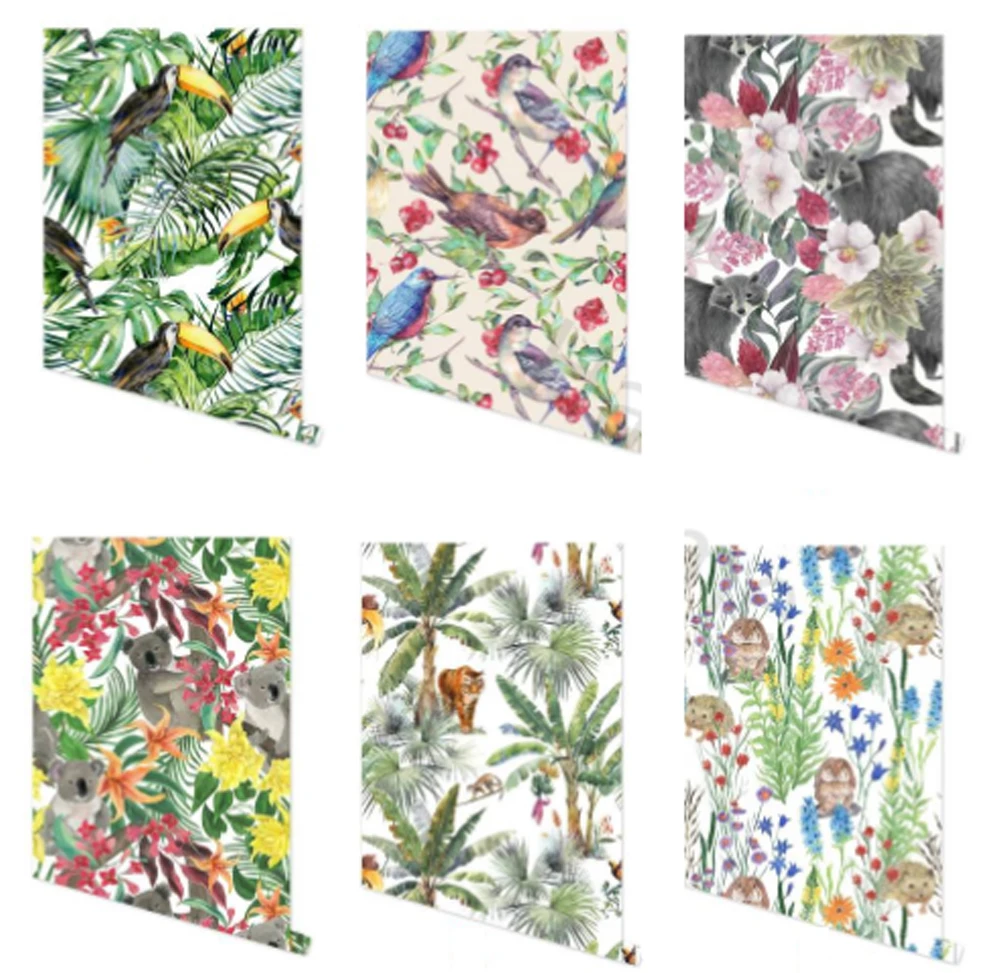 Modern Vintage Floral Wallpaper Bedroom Wall Covering Peel and Stick Watercolor Tropical Animal Birds Flower Wall Paper
