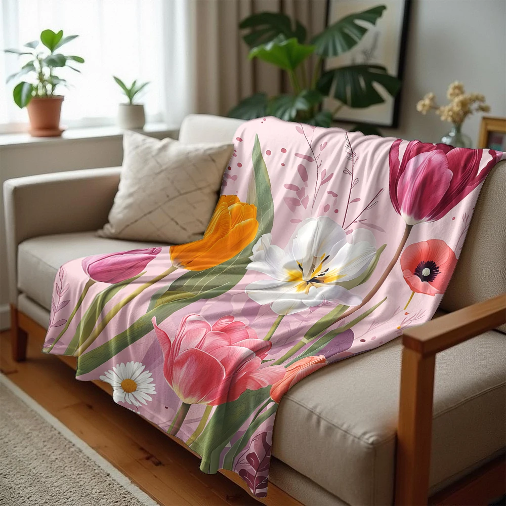 Blush Tulip Bouquet Cartoon Anime Print Flannel Blanket Soft Warm Throw for Kids Bedroom Sofa Bed Christmas Office Car