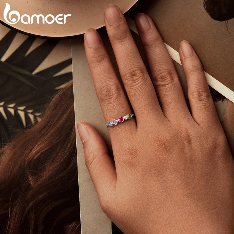 Bamoer Original 925 Sterling Silver Colorful Open Ring Color Zircon CZ White Gold Adjustable Cute For Women Wedding Fine Jewelry