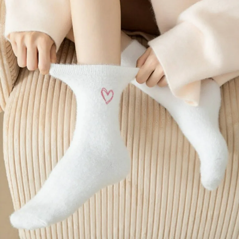 Thickened Middle Tube Socks Mink Fur Pink Embroidered Heart-shaped Women Autumn Winter Warm Sleep Home Solid Color Plush Sock