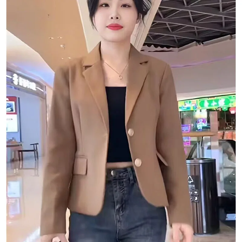 Traje corto coreano de Color sólido para mujer, prendas de vestir, moda de ocio, traje pequeño, abrigo, chaqueta Blazer de manga larga para primavera y otoño