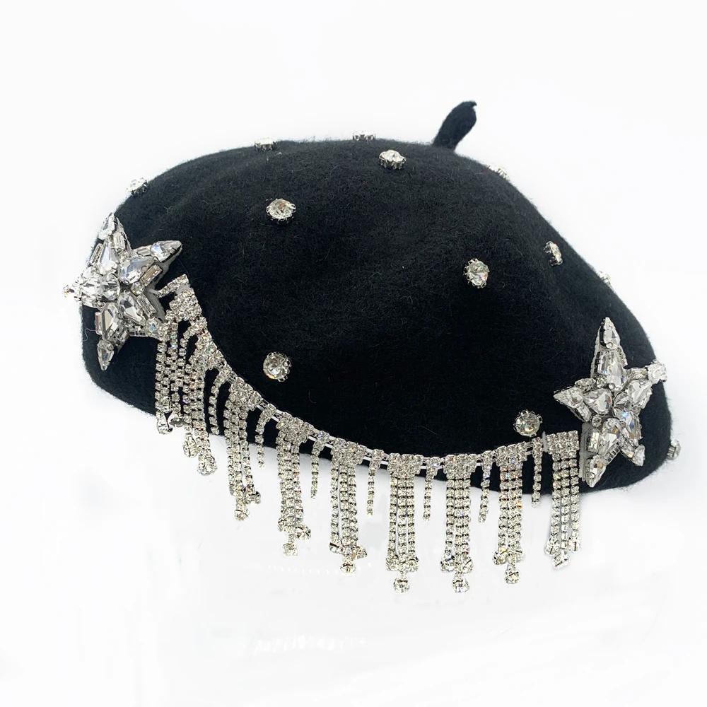 Winter Unique Designer Berets for Women Luxury Rhinestone Bouquet Turban Cap Exaggerated Painter Hat Female Adjustable Wool Hat