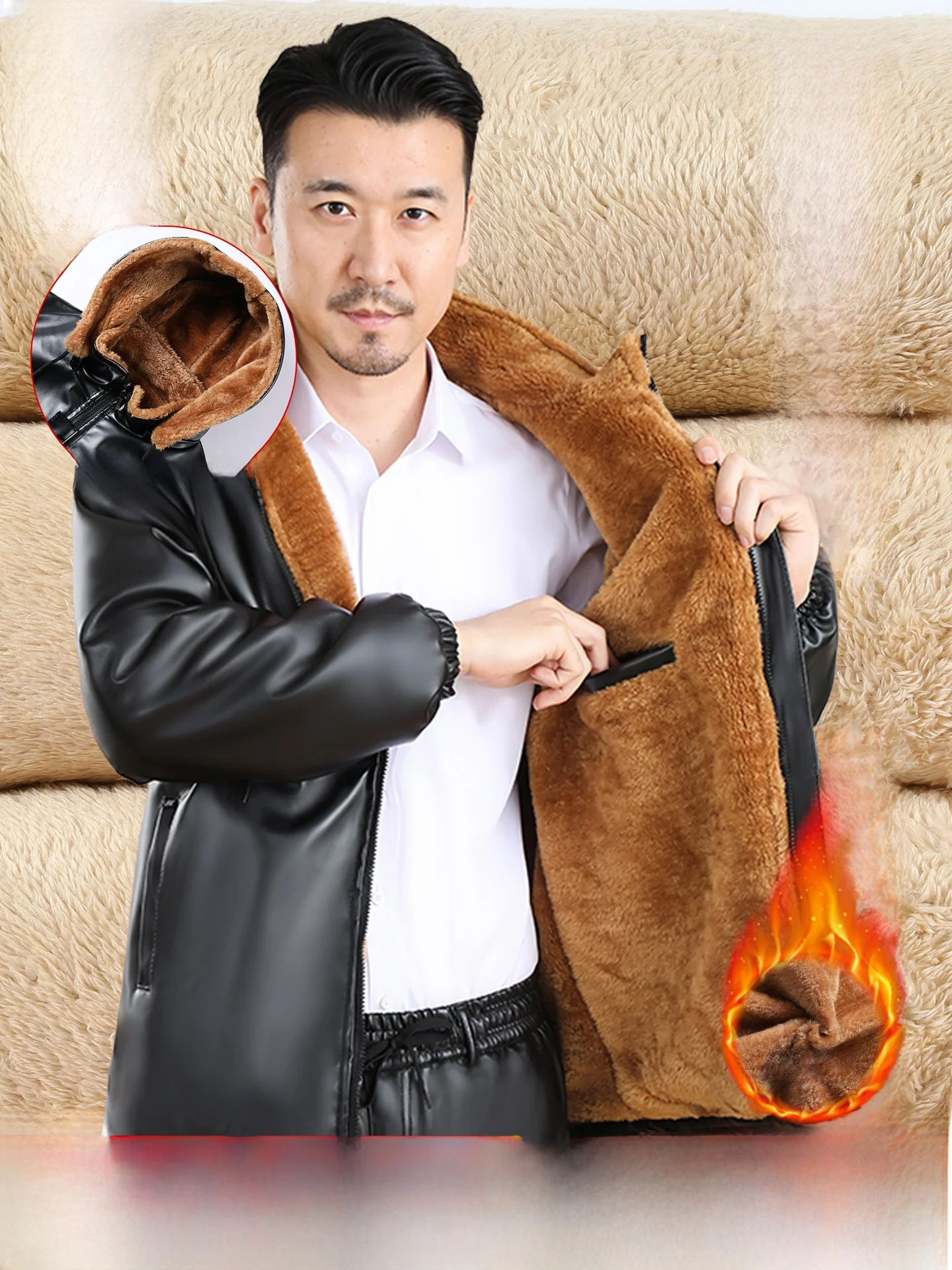 

Thiened Fce Warm Leather Jaet And Pants Set for Men Waterproof Windproof Bicycle very Rider Workwear with Removabl...