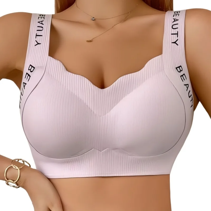 Ribbed Bras Wireless Bra Women Seamless Underwear Plus Size Wave Neckline Wide Strap Letter Print Support Sexy Lingerie M-3XL