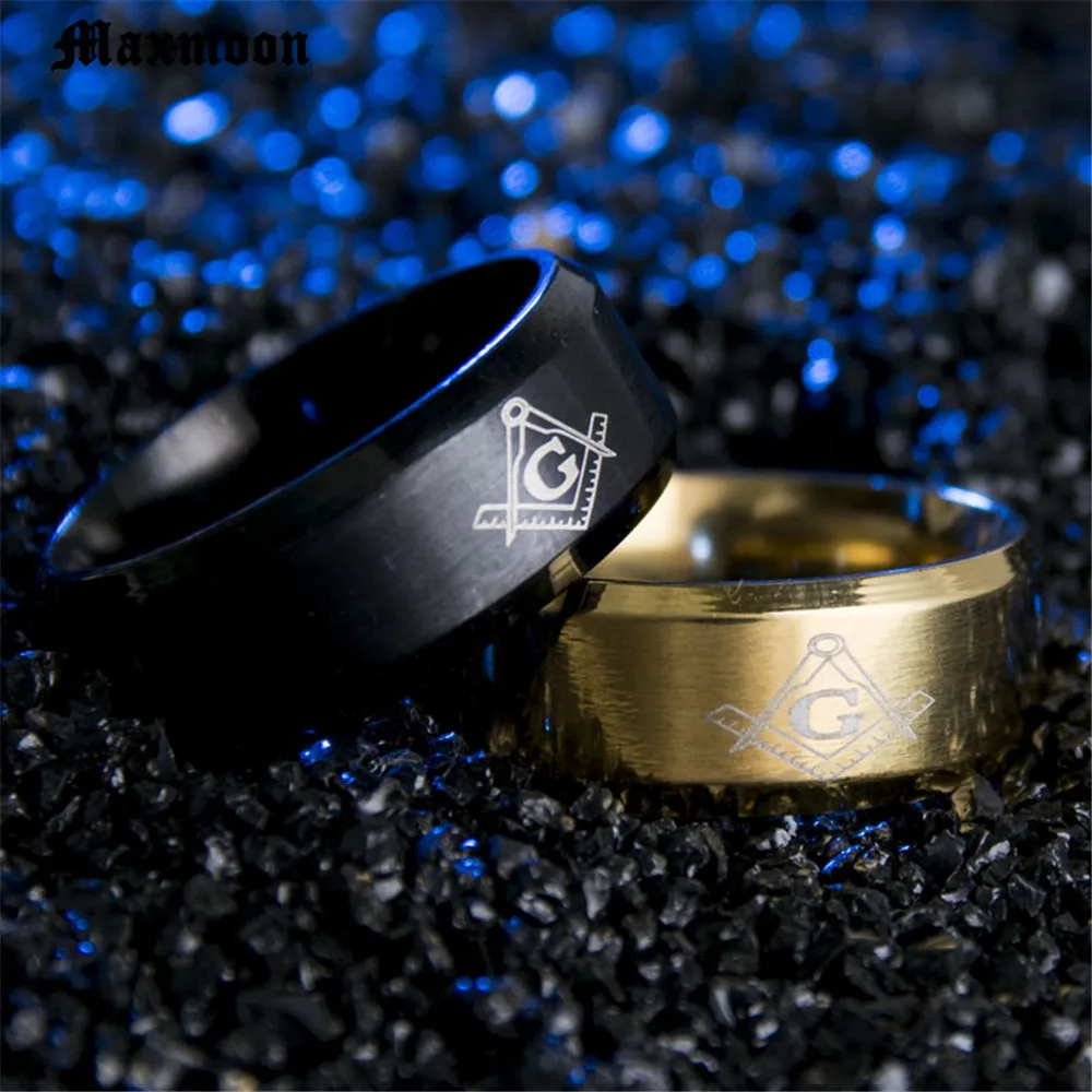 Maxmoon Hot 8mm Brushed Gold-Color Masonic Stainless Steel Titanium Band Men Ring Cool Black Freemason Male Rings