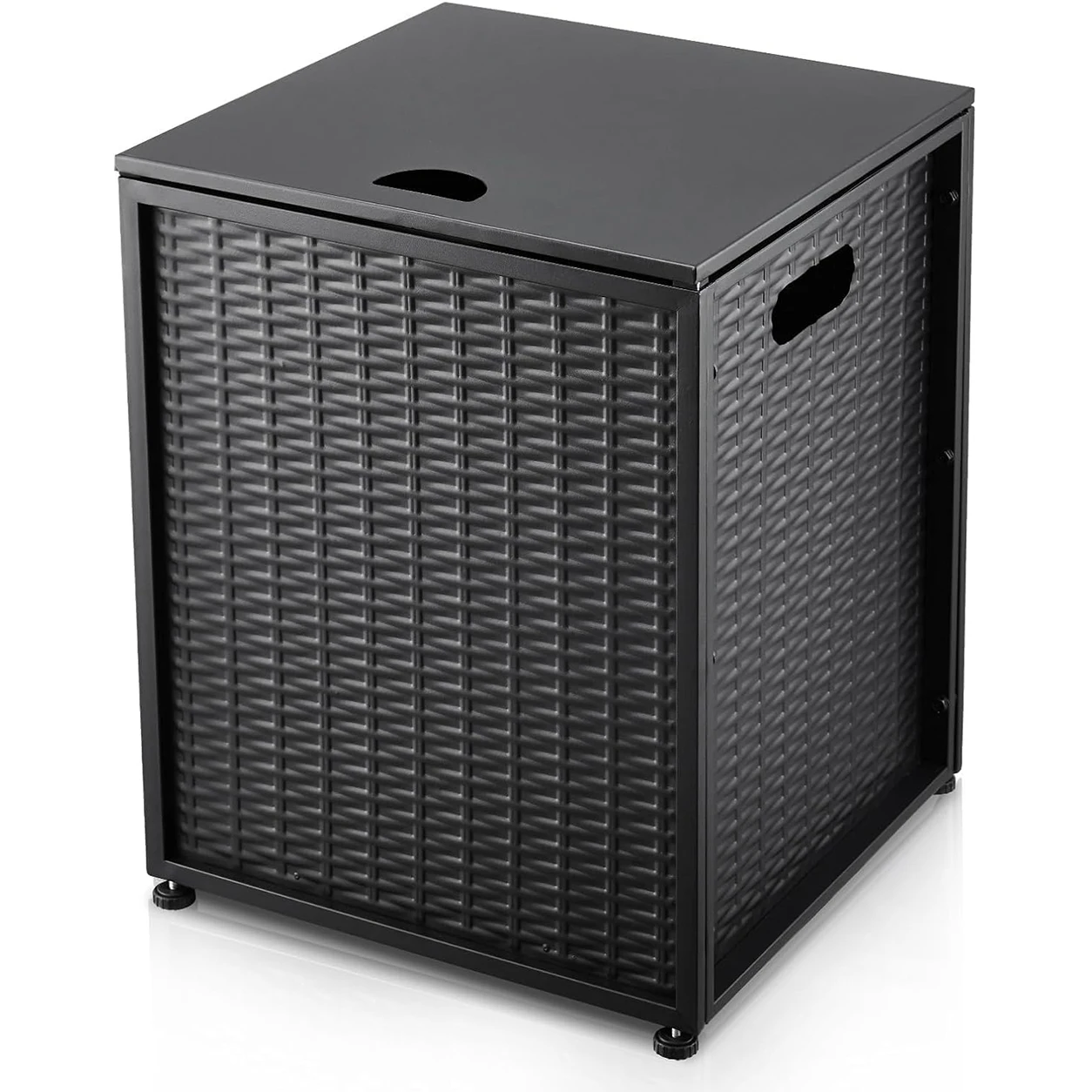 Outdoor Propane Tank Cover Side Table for Standard 20 Lb Tank Black Faux Rattan Steel Hideaway Cabinet with Top Access Side Handles and 4 Adjustable Feet for Patio Deck Fire Pit and Grill Areas
