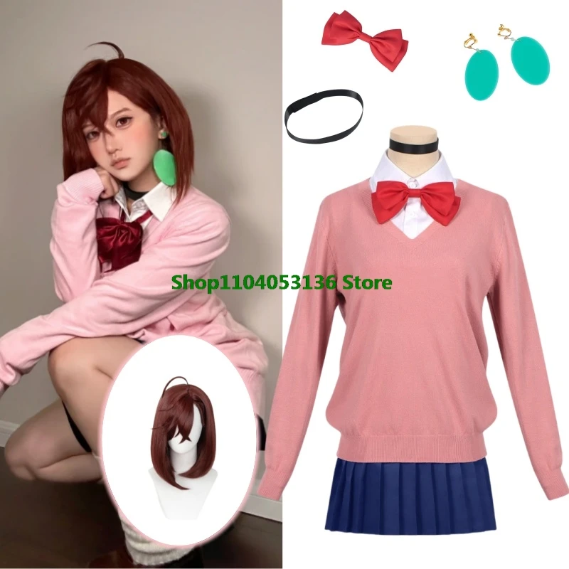 Momo Ayase Cosplay Costume Wig Anime Dandadan Sweater Skirt School Uniform Earrings Choker Socks Christmas Party for Girls Women