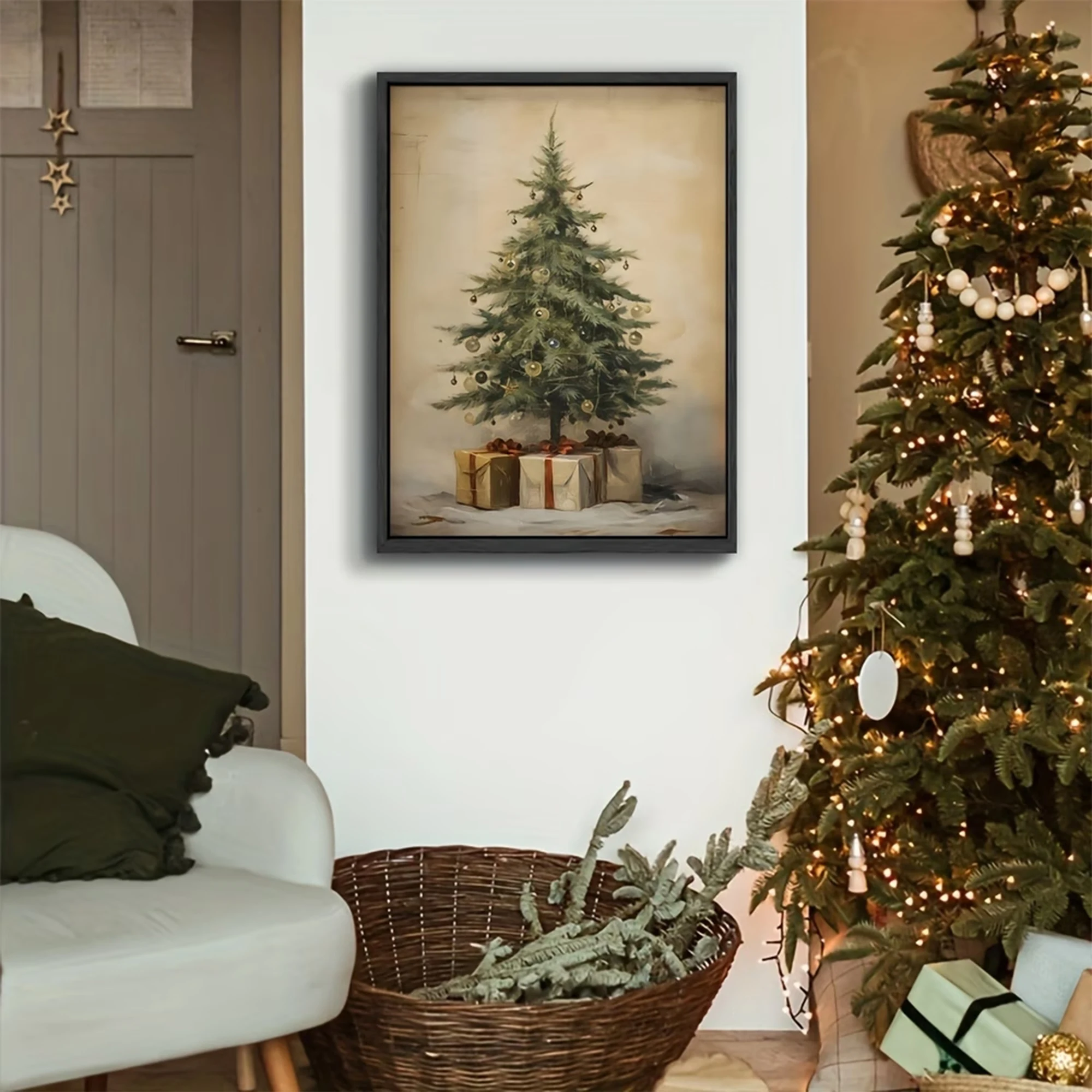 Retro Christmas Tree With Gifts Wall Art Print Canvas Painting Poster Picture For Living Room,Bedroom Home Decor