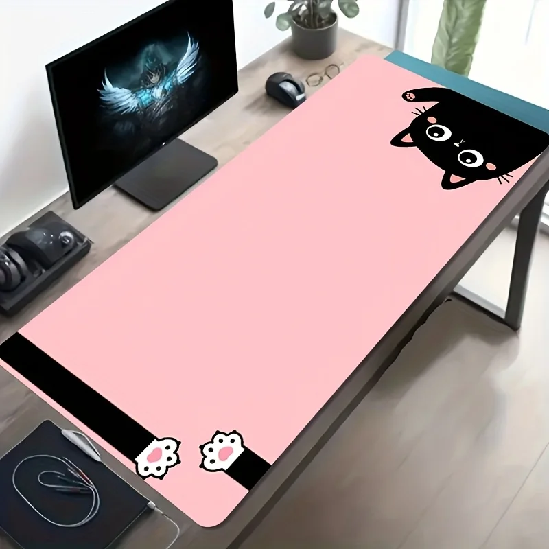 XXL Cute Black Cat Gaming Mouse Pad - Kawaii Animal Desk Mat, Natural Rubber Non-Slip Large Pad