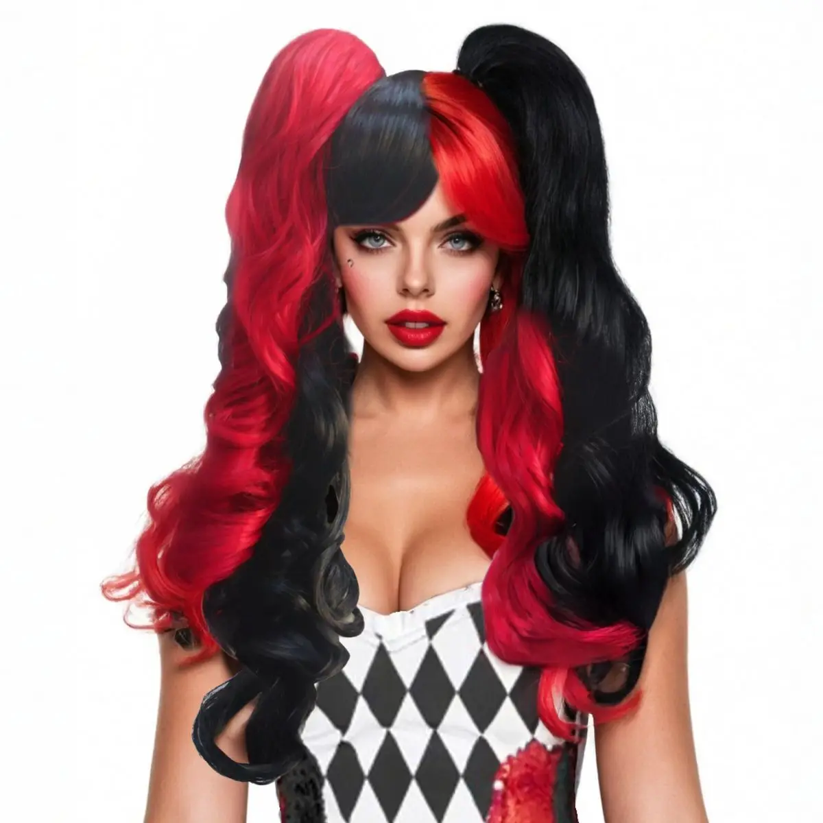 

Синтетический парик Anxin, двухцветный (черно-белый) с двойным хвостом, челкой и крупными волнистыми локонами, высокий объем, пышный дизайн, подходит для косплея/готического стиля/нарядов для вечеринок, для стильных и модных людей от 16 лет, легко носить 