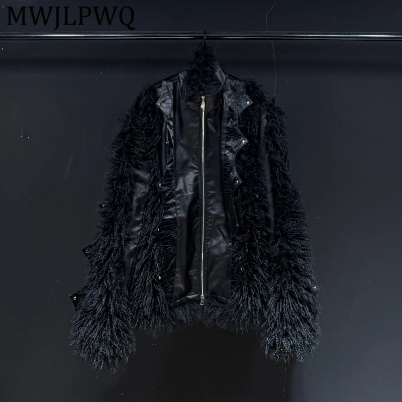 

MWJLPWQ Hiphop Spliced Design Fur Coat Unisex Turn-Down Collar Fashionable Long Sleeve Street Plush Male High-End Jacket 13049