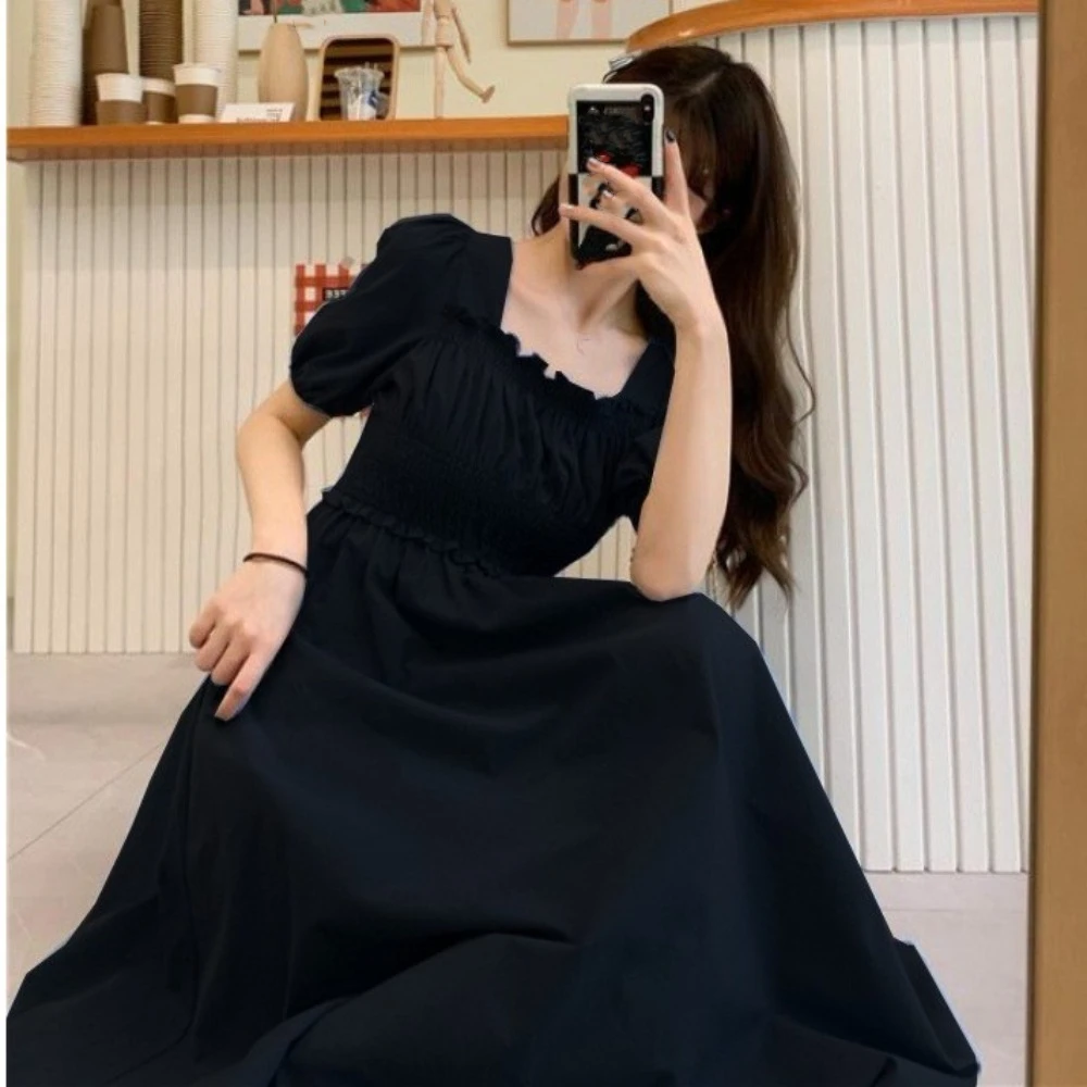

Loose Bubble Ruffle Long Dress A-line Beachwear Short Puff Sleeve Dress Spring Summer Slim Fit High Waist Dress Spring Summer