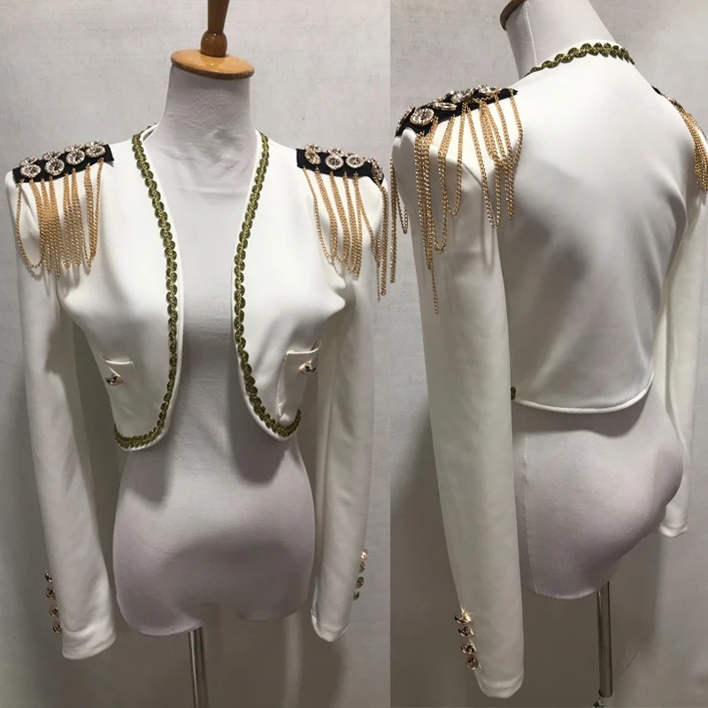 

White Fringed Shoulder Jazz Dance Coat Women Group Gogo Costume Bar Nightclub DJ Stage Performance Outfit Stage Suit XS9861