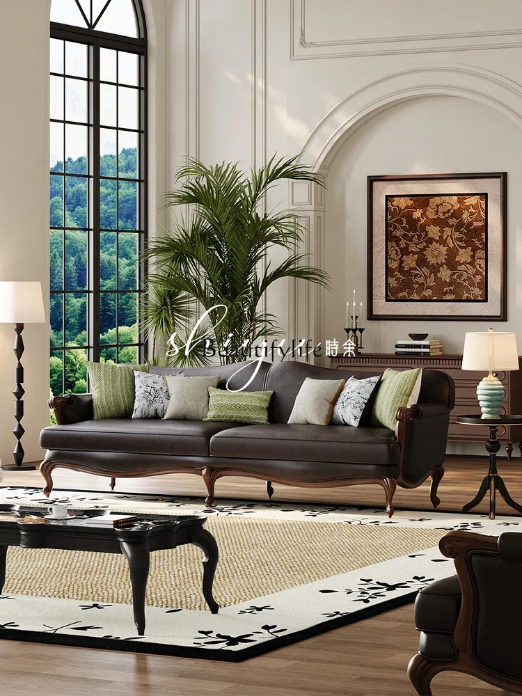 02 French Chinese style living room fabric sofa small American retro solid wood soft bag