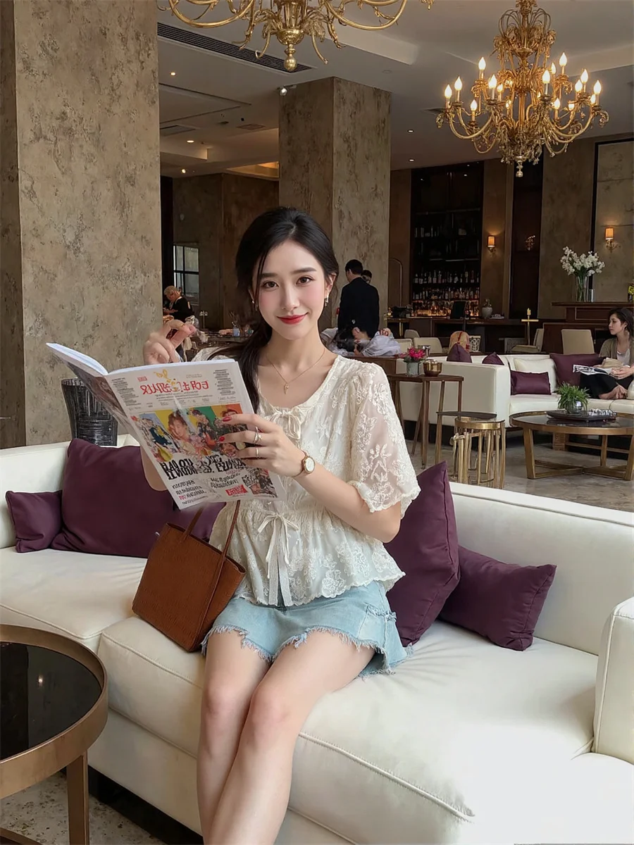 O-Neck Puff Sleeve Shirts Woman Aesthetic Blouses Women Top Autumn Abdominal Glitter Feelings V Shape Strength Slim Fiitting Ins