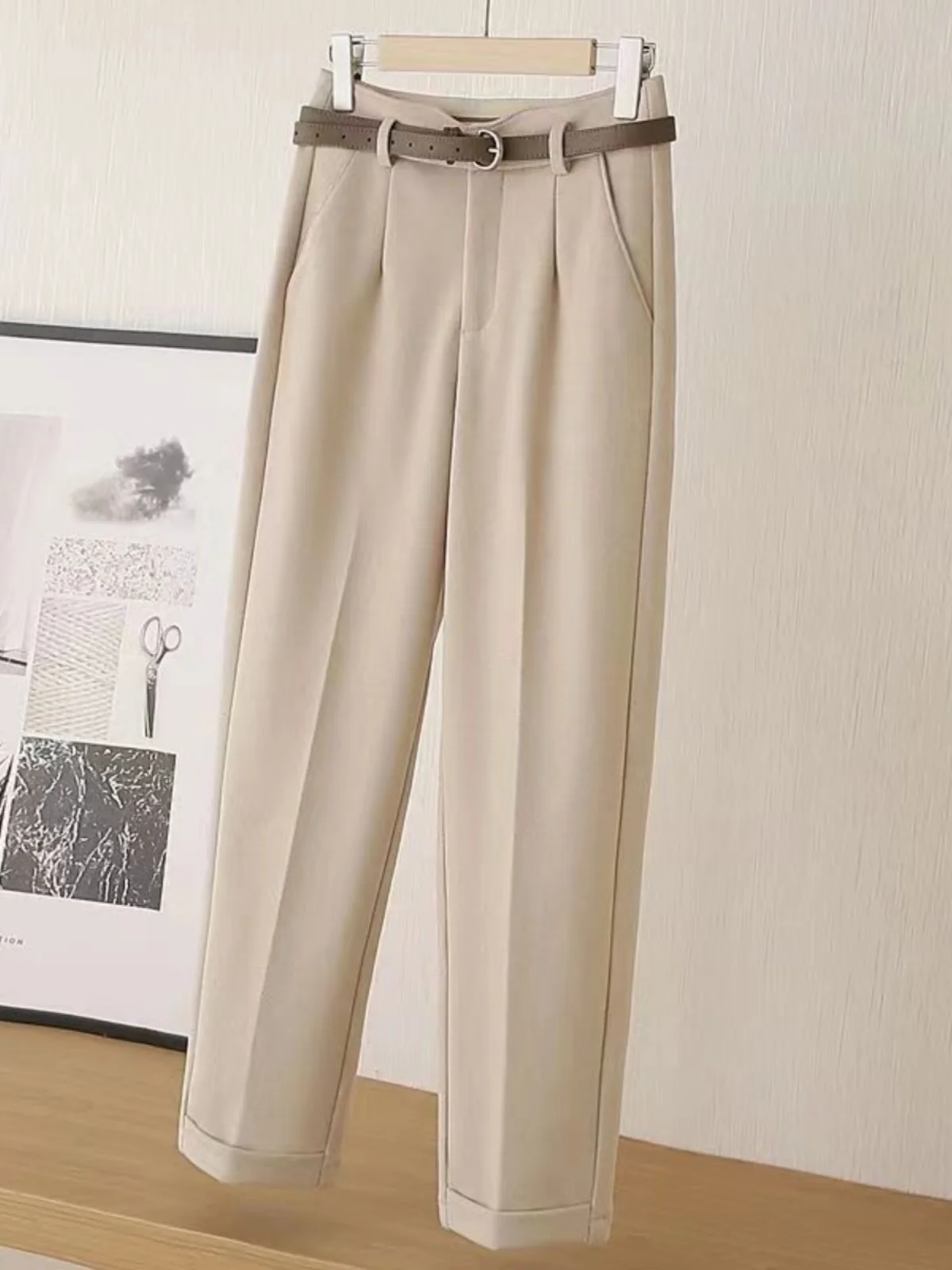 بنطلون نسائي كاجوال عالي الخصر سميك للخريف والشتاء، بنطلون صوفي بطول تسعة أرباع، بنطلون أنبوبي من ماركة مميزة #4