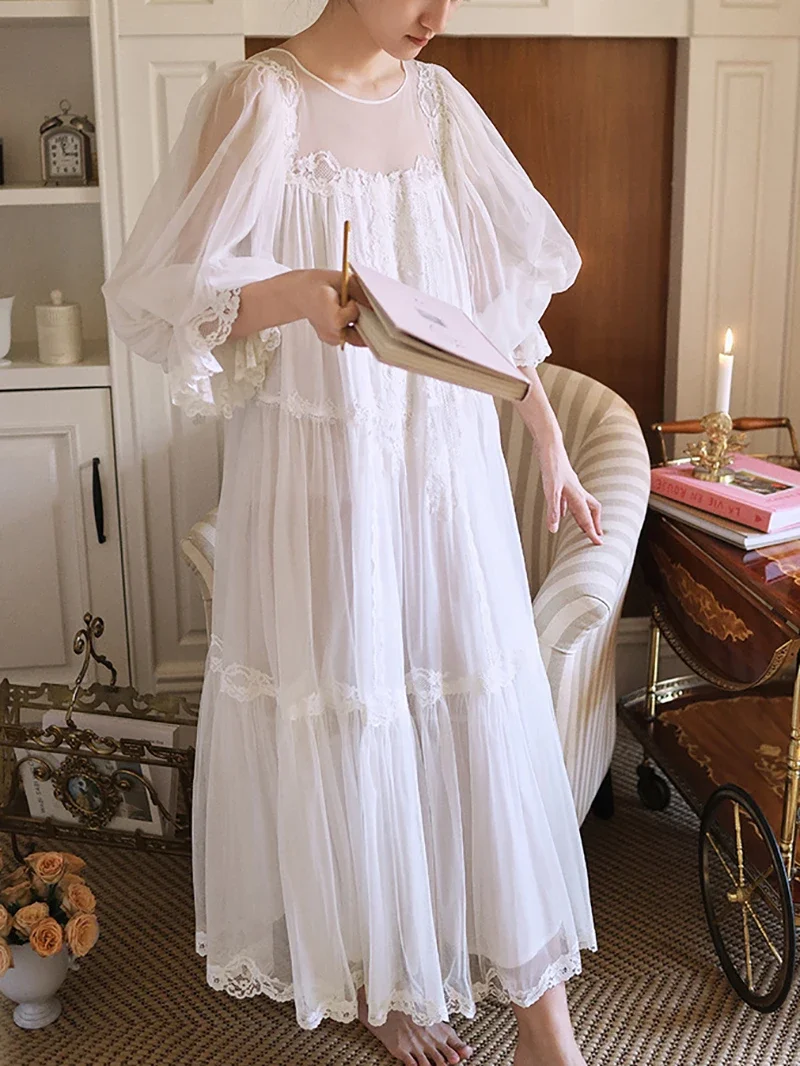 Women Fairy Princess Sleepwear Spring Summer Mesh Nightgown Vintage Lace Round Neck Nightdress Casual White Long Night Dress