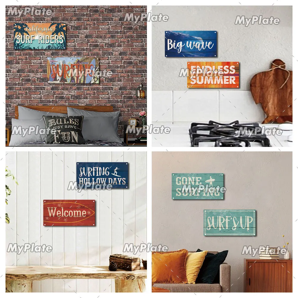 [MyPlate] Beach Surfing Wooden Wall Plaque Sign Wood Plate Home Door Wall Deocr Decoration Man Cave Hanging Sign House Gift