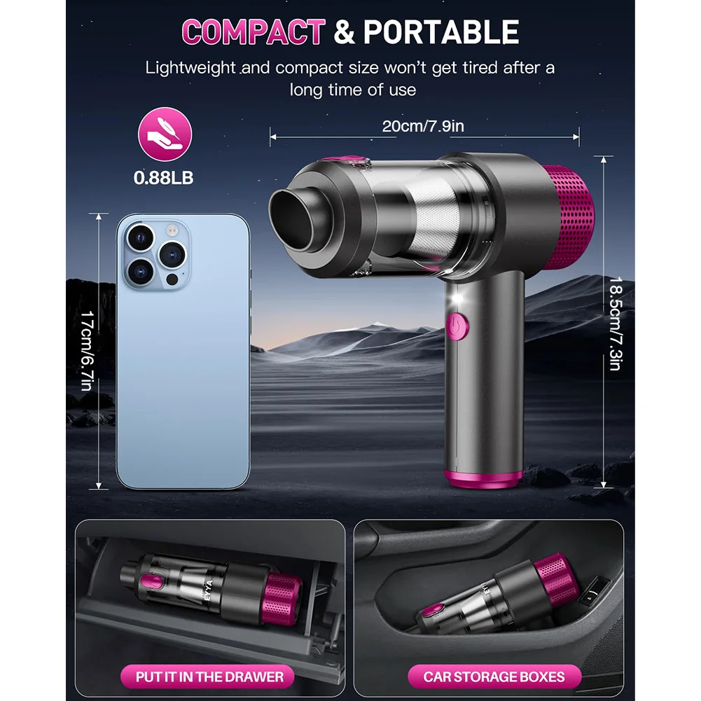 

Портативный автомобильный пылесос 4-в-1, беспроводной, с функцией выдува пыли, LED-подсветкой и мощным всасыванием, для автомобиля, дома и офиса