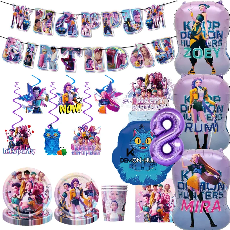 Décoration de fête d'anniversaire Kpop Demon Hunter, ballons, bannière, nappe, sac, décor de gâteau Kpop pour cadeaux de fête pour filles, nouvelle collection