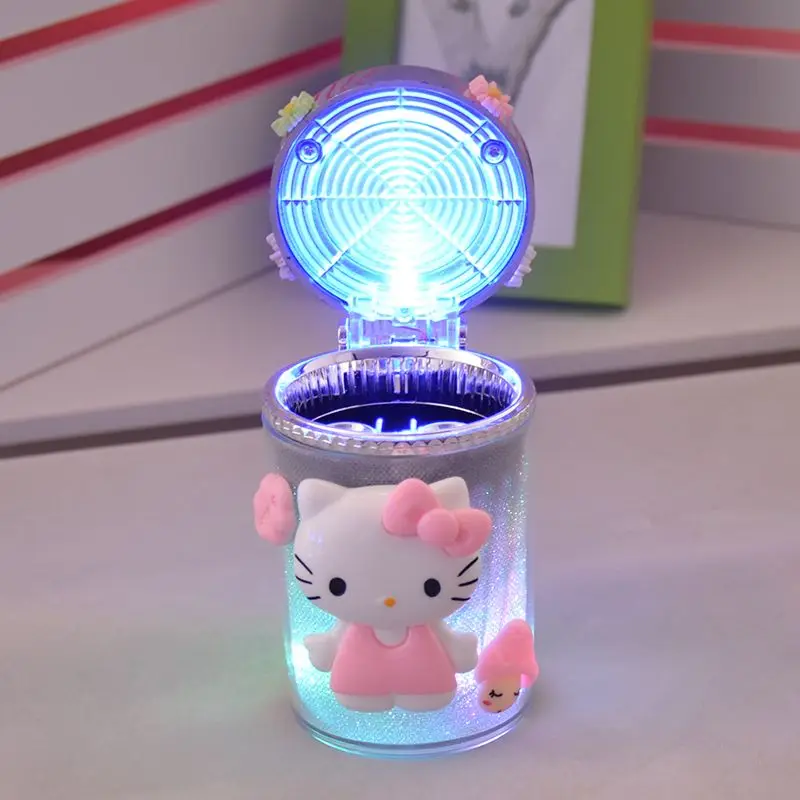 Kawaii Sanrio Hello Kitty Personality Led Light-Up Car Ashtray with Cover Cartoon Car Decoration for Men and Women Holiday Gift