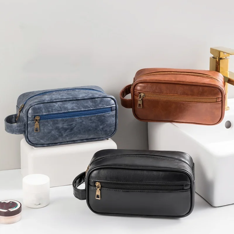 Men Vintage Luxury PU Leather Toiletry Bag Travel Necessary Business Cosmetic Makeup Cases Male Hanging Double Layered Wash Bag