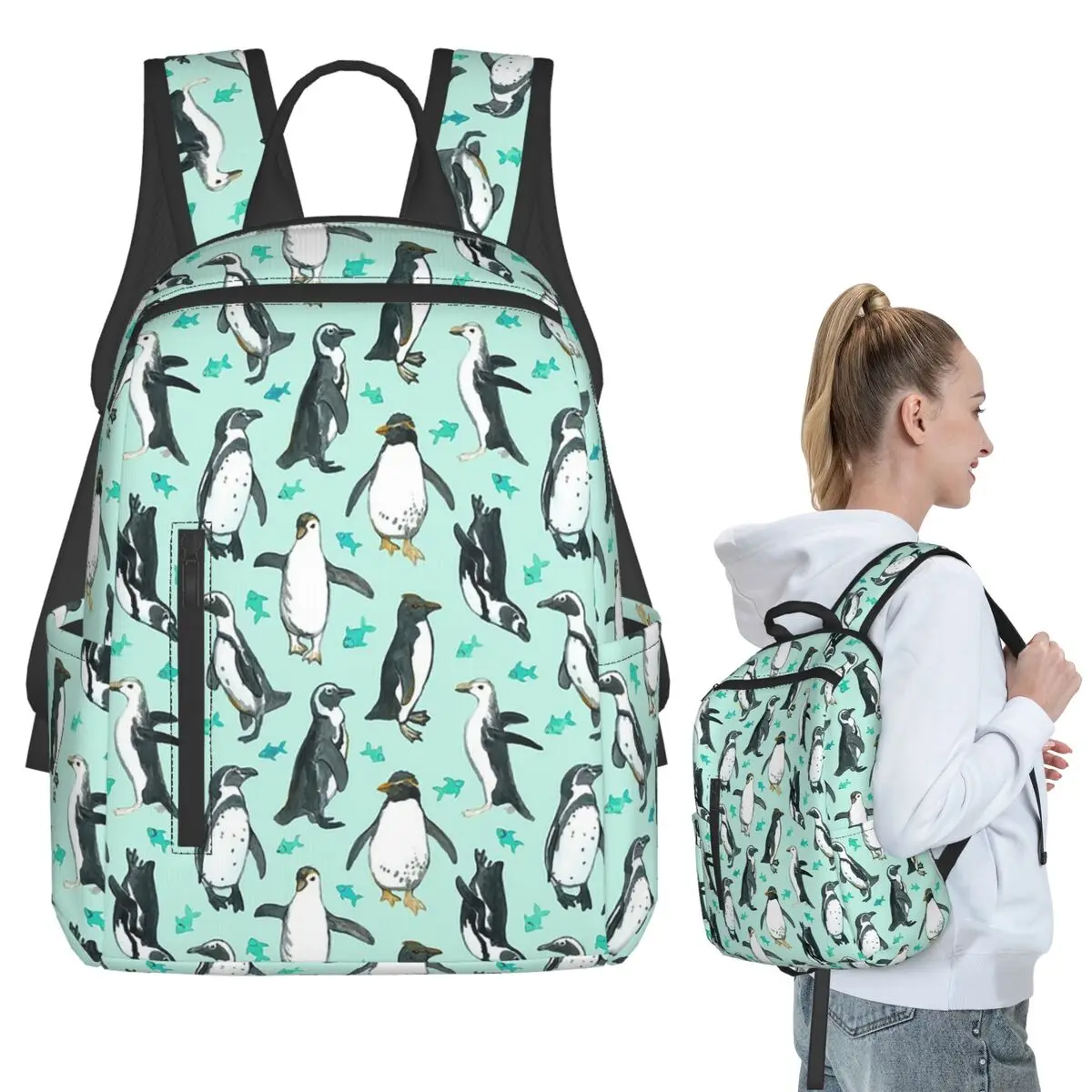 

Lots Of Little Penguins On Mint Backpack Student BookBag Kids School Bag Laptop Shoulder Bags Men Women