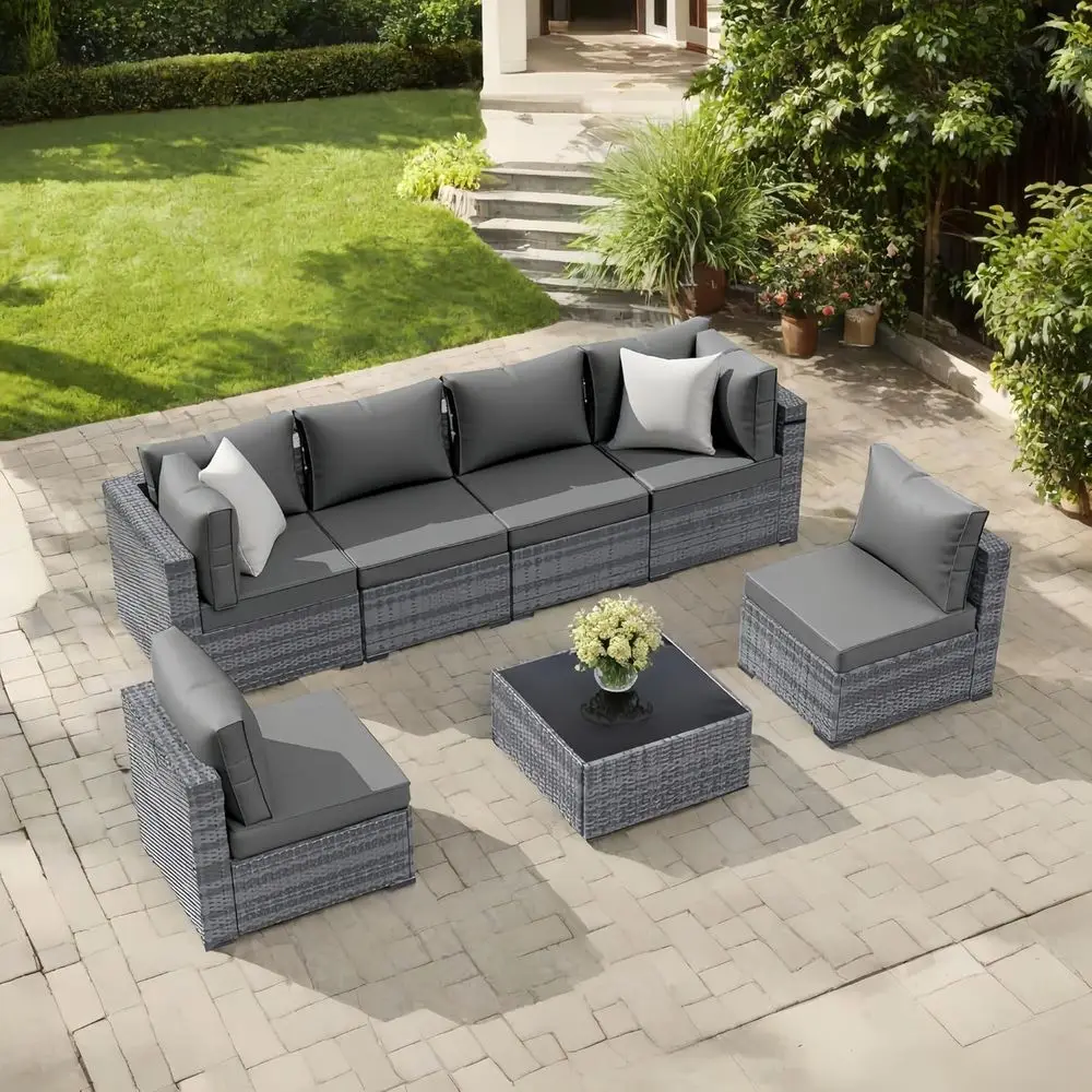 

Grey 7-Piece Outdoor Wicker Sectional Sofa Set with Coffee Table and Cushions for Patio, Villa, Balcony, Porch, Backyard