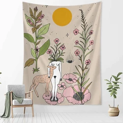 Girl Tarot Astrology Tapestry Wall Hanging Boho Wicca Sun Moon Botanical Floral Aesthetic Room Home Decor