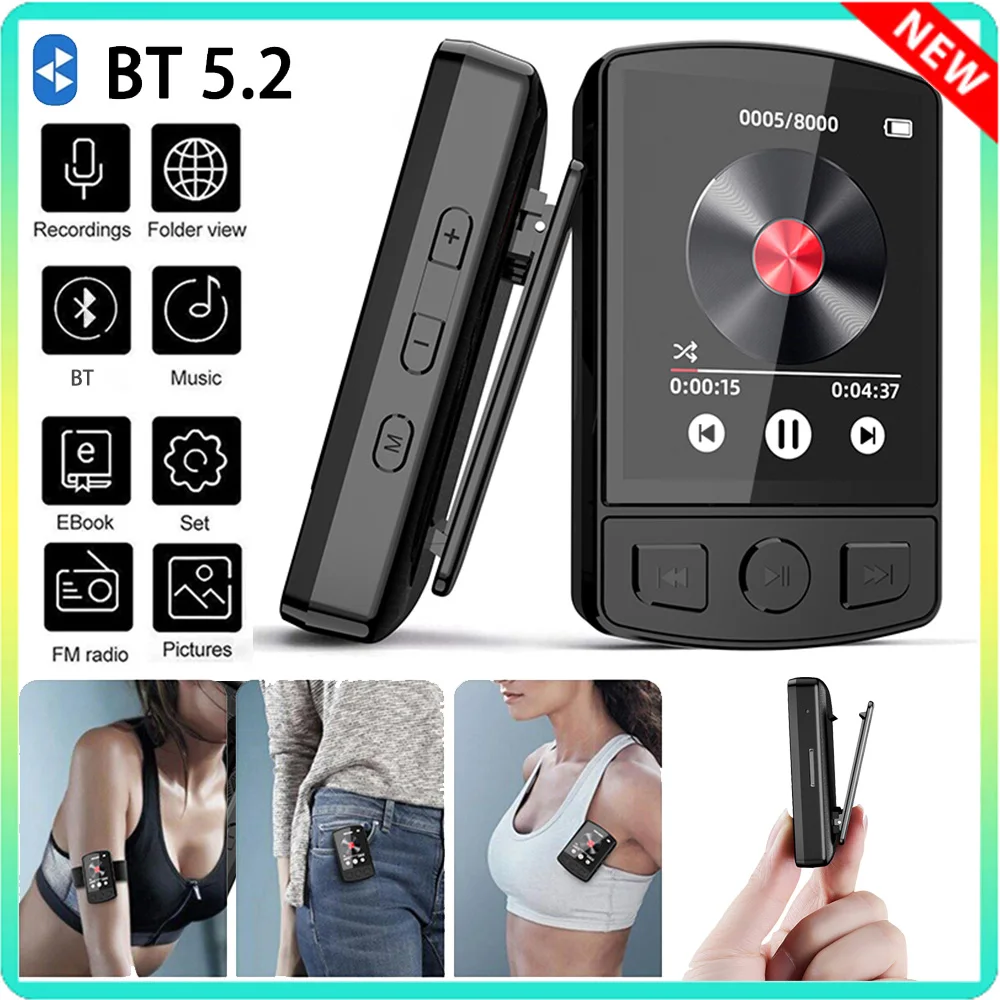 64GB Sport Bluetooth MP3 Player Bluetooth 5.2 1.77 inch Screen Music Player with Speakers Lossless Sound Quality MP3 With Record